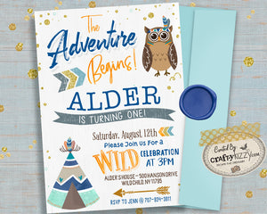 Woodland Owl Birthday Invitation The Adventure Begins First Birthday Invitation - Wild One Printable Invitations - Tribal Forest Animals