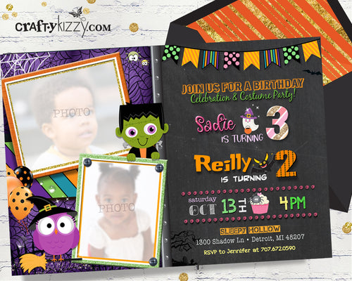 Halloween Birthday Invitation For Kids - Joint First Birthday Chalkbaord Birthday Invitations - Twins - Monster Invitation - Owl Invitation - CraftyKizzy