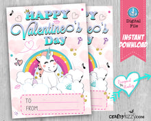 Girl Unicorn Happy Valentine's Day Cards - Girls Valentines Day Fill In The Blank Classroom Printable Cards - Kids Teachers - INSTANT DOWNLOAD - CraftyKizzy