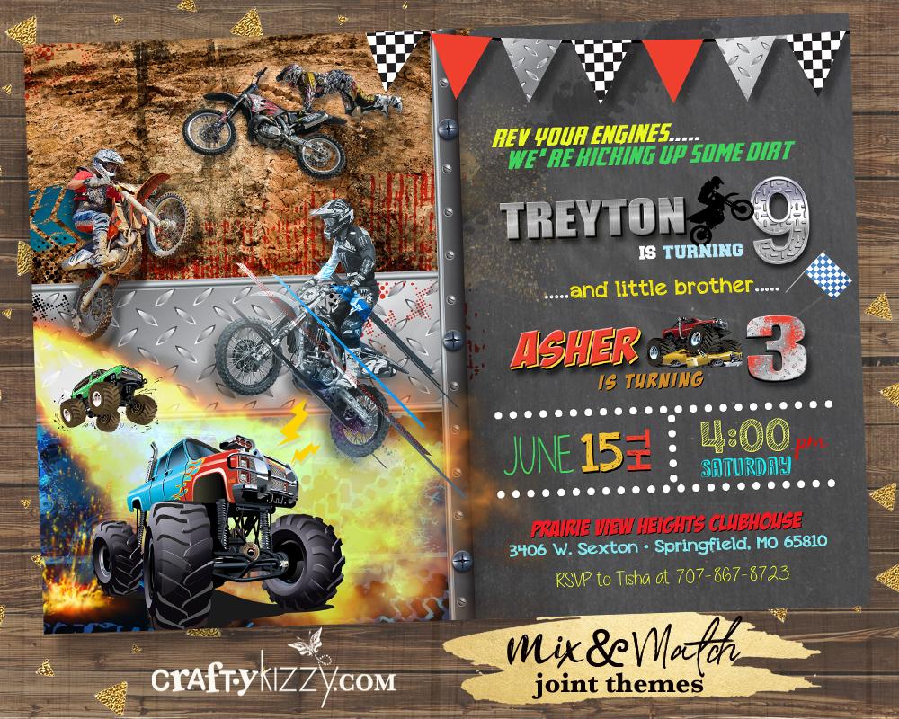 Dirt Bike Joint Birthday Invitation - Boy Monster Truck Sibling Birthday Invitations - Boys Invitations - CraftyKizzy