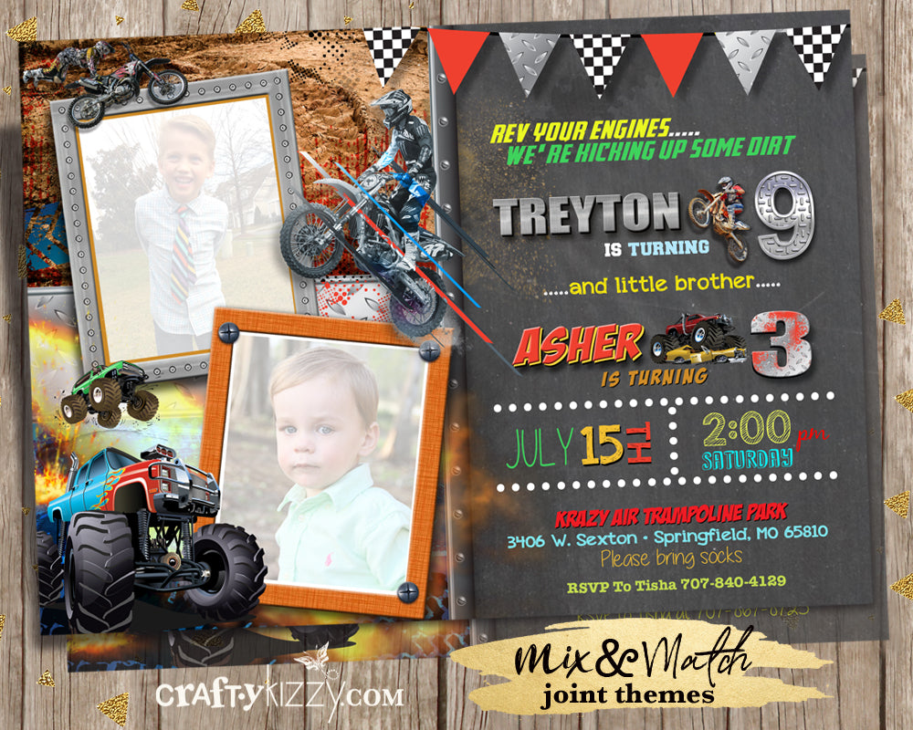 Dirt Bike Joint Birthday Invitations - Boy Monster Truck Invitation – CraftyKizzy dirt-bike-joint-birthday-invitations-boy-monster-truck-invitation-craftykizzy