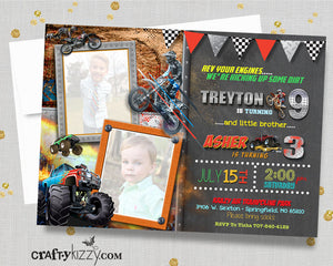 Joint Monster Truck Birthday Invitation - Dirt Bike Motocross Joint Birthday Invitations
