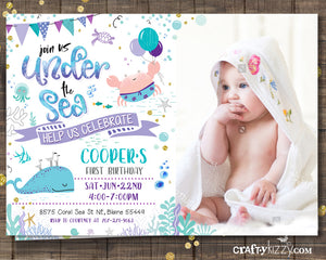 Girl First Birthday Under the Sea Invitation Watercolor Teal and Purple Ocean Birthday Party - Nautical Beach