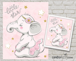 Pink Baby Ballerina Elephant Nursery Room Art Print - Pink Tutu Little Star Printable Illustration - Ballet - Wall Decor - INSTANT DOWNLOAD - CraftyKizzy