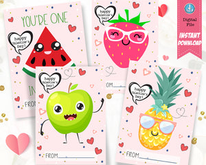 Fun Fruit Valentines Day Cards for Kids - Pineapple Stawberry Watermelon Apple - INSTANT DOWNLOAD - CraftyKizzy