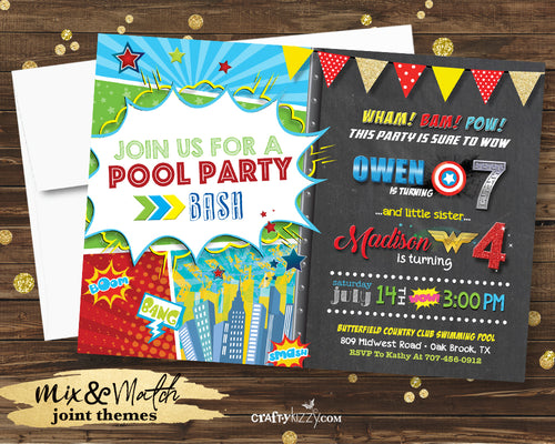 Superhero Birthday Invitation - Joint Superhero Pool Party Bash Invitations - Boy Girl Superheroes Printable Party Invites - CraftyKizzy