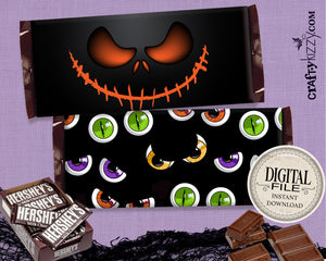 Scary Pumpkin Halloween Chocolate Bar Wrapper Printable Favors - Eyeball Halloween Hershey's Bar Label - Block Party Candy Favors - INSTANT DOWNLOAD