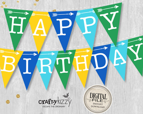 Tribal Happy Birthday Pennant Banner - Printable Boy Bunting Flag Banner - Green Blue Yellow - INSTANT DOWNLOAD