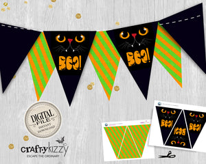 Happy Halloween Party Banner - Black Cat Bunting Flags - Printable Halloween Party Decor - Boo - INSTANT DOWNLOAD