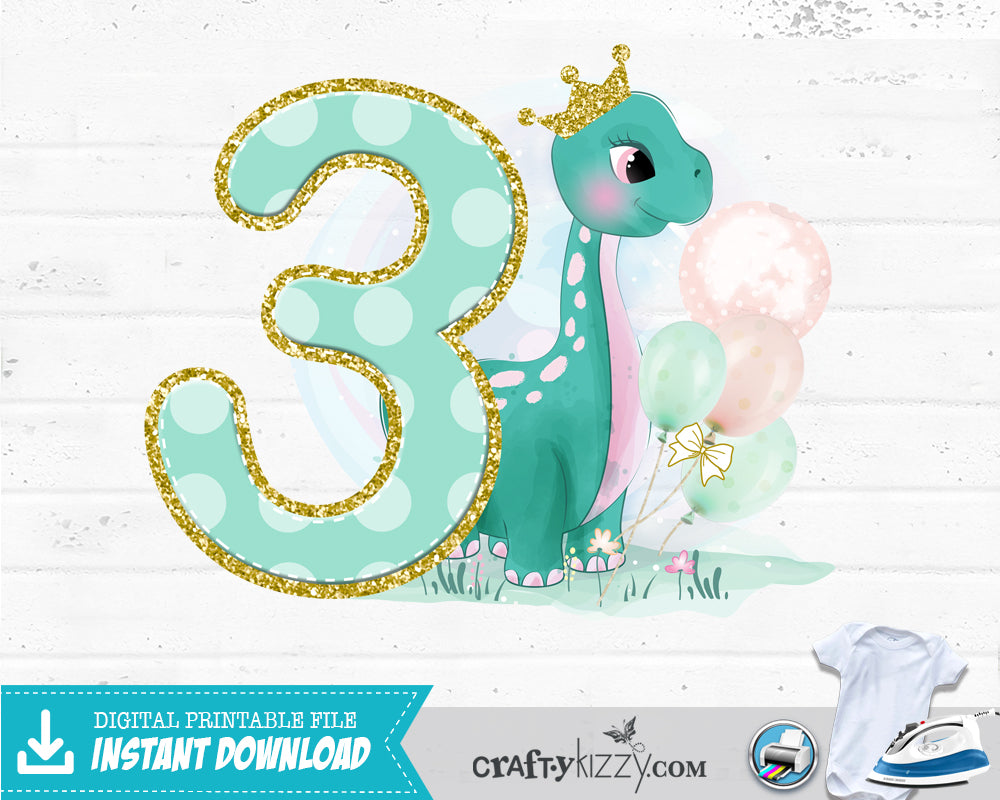 Dinosaur Birthday Iron On Shirt - Princess Dino Outfit - Decal Digital Transfer - INSTANT DOWNLOAD