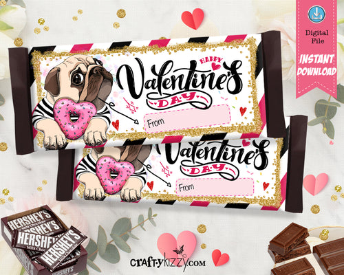 Valentine's Day Candy Bar Wrapper - Pugs Hershey's Chocolate Bar Wrapper - Pug Valentines Day Party Favors - Classroom Card - INSTANT DOWNLOAD