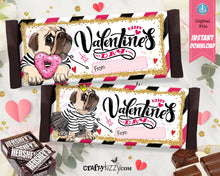 Valentine's Day Candy Bar Wrapper - Pugs Hershey's Chocolate Bar Wrapper - Pug Valentines Day Party Favors - Classroom Card - INSTANT DOWNLOAD