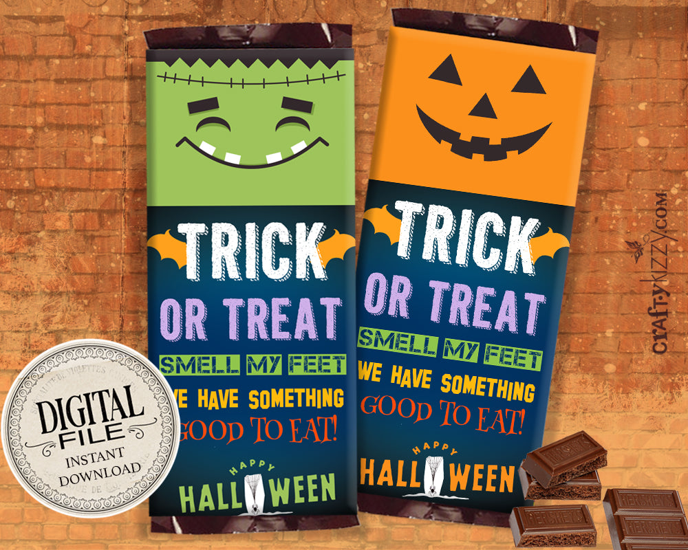 Halloween Candy Bar Wrapper - Friendly Pumpkin Hershey's Bar Label - Frankenstein Party Favors - Kids Chocolate Bar - INSTANT DOWNLOAD