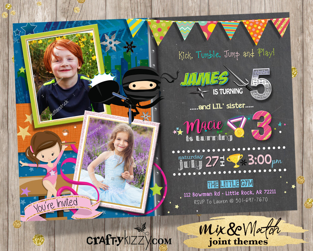 Ninja Boy Joint Birthday Invitation - Joint Birthday Gymnastics Invitations - Boy Girl Invitations - CraftyKizzy