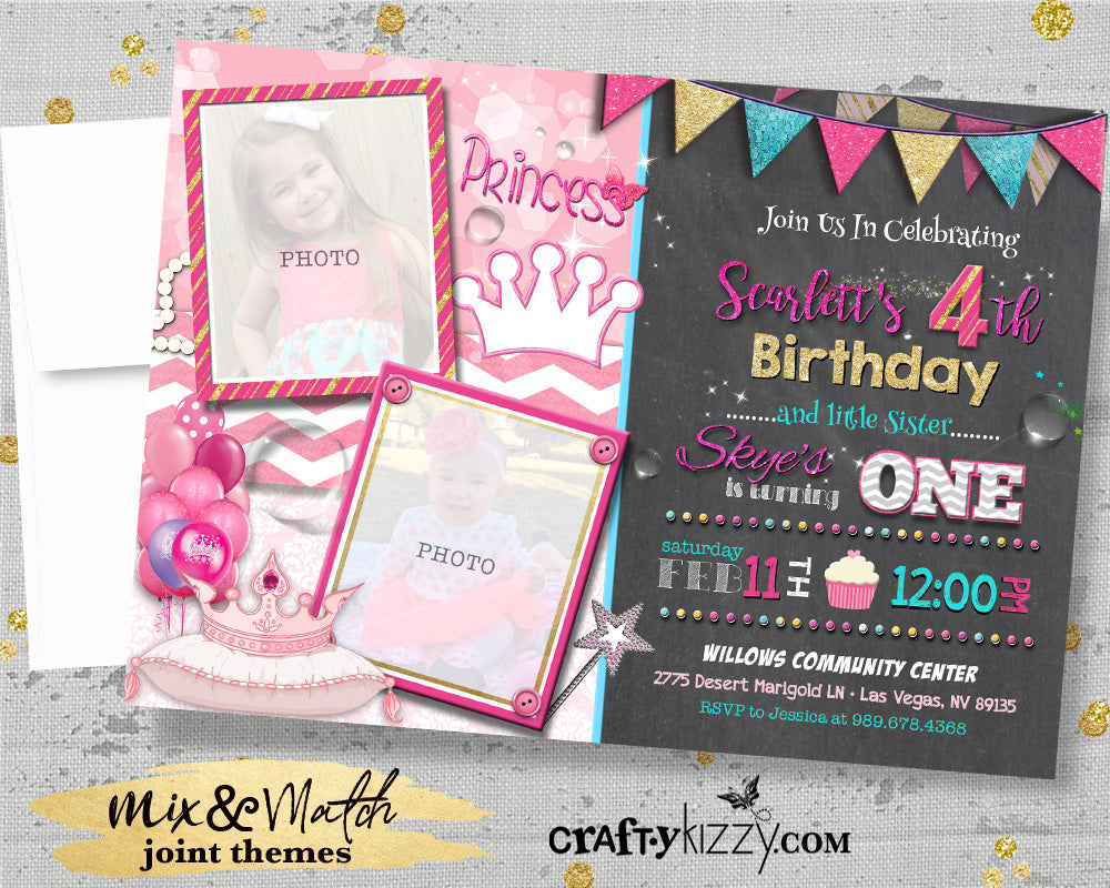 Princess and Tiara Sibling Birthday Invitation - Twin Girls Party Invitation - Joint Invitations With Photo - CraftyKizzy