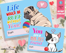 Cute Animal Valentine's Cards For Kids - Kitty Cat Valentines - Classroom Pet Valentines Day - Pug Valentines - INSTANT DOWNLOAD - CraftyKizzy