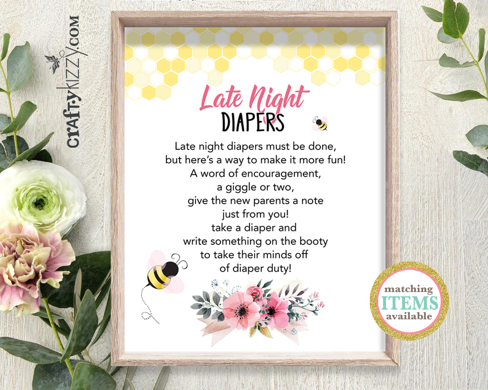 Honey Bee Baby Shower Late Night Diapers Sign - Mommy To Bee Game Sign - Diaper Thoughts Printable Table Signs - INSTANT DOWNLOAD - CraftyKizzy