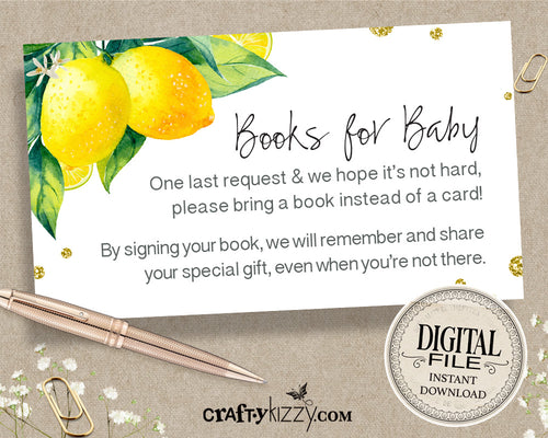Gender Neutral Books For Baby - Lemon Baby Shower Book Request Insert - Girl Citrus Insert Card - INSTANT DOWNLOAD
