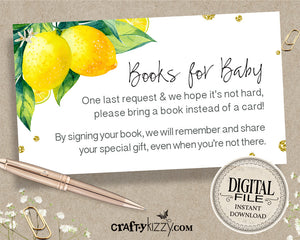 Gender Neutral Books For Baby - Lemon Baby Shower Book Request Insert - Girl Citrus Insert Card - INSTANT DOWNLOAD