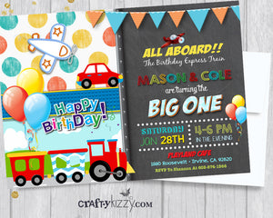 Planes Trains and Automobiles Twin Boy First Birthday Invitation - 1st Birthday Sibling Invitations - Transportation Party Invite