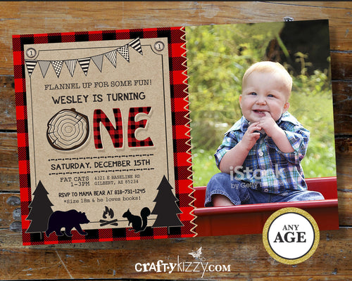 Lumberjack First Birthday Invitation - Rustic Woodland Bear Invitations - Boy 1st Birthday Wild One - Red Plaid - CraftyKizzy