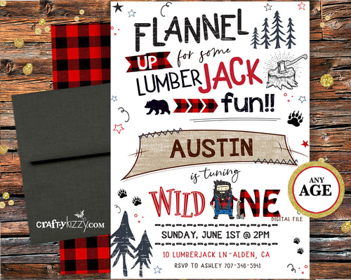 Red Lumberjack First Birthday Invitation Red Plaid Bear Invitations - Boy 1st Birthday Wild One - Flannel Invitation - CraftyKizzy