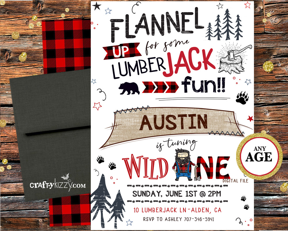Red Lumberjack First Birthday Invitation Red Plaid Bear Invitations Boy 1st Birthday Wild One Flannel Invitation