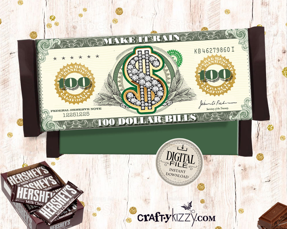 Money Candy Bar Wrapper - Hundred Dollar Birthday Party Favors - INSTANT DOWNLOAD