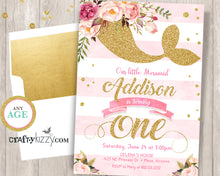 Mermaid First 1st Birthday Party Invitation - Watercolor Soft Pink and Gold - Flowers - Printable Girl Invitations - Any Age - CraftyKizzy