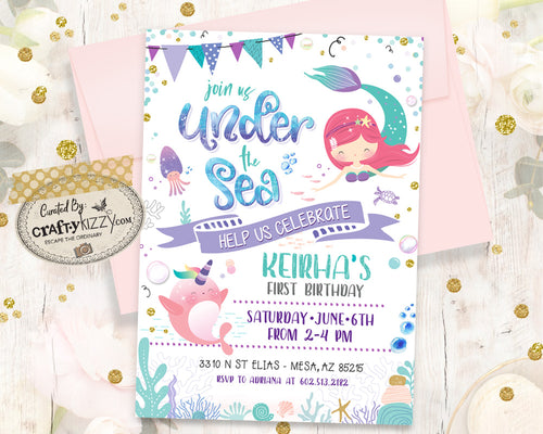 Mermaid First Birthday Invitation - Under The Sea Mermaid Narwhal Invitation - Watercolor Teal, Mint Green, Purple - Printable Girl Invitations - CraftyKizzy