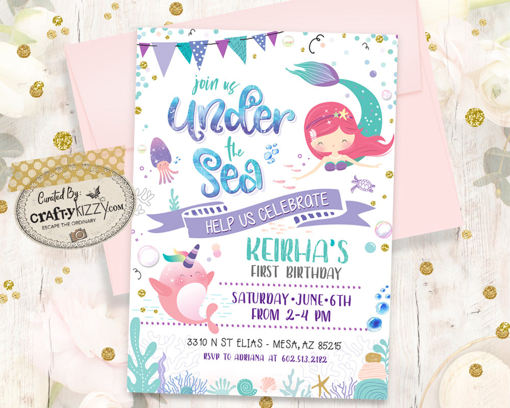 Mermaid First Birthday Invitation - Under The Sea Mermaid Narwhal Invitation - Watercolor Teal, Mint Green, Purple - Printable Girl Invitations - CraftyKizzy