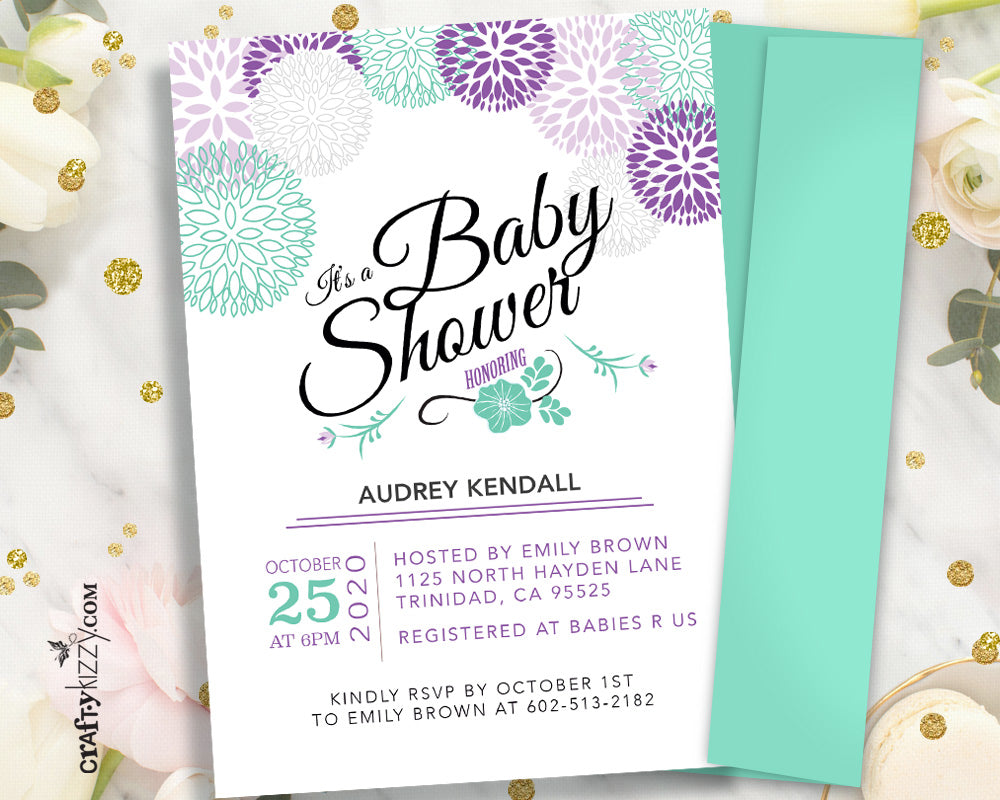 Purple Modern Baby Shower Invitation - It's A Girl - Printable Girl Baby Shower Invitation - Lavender and Mint  Baby Shower Announcement