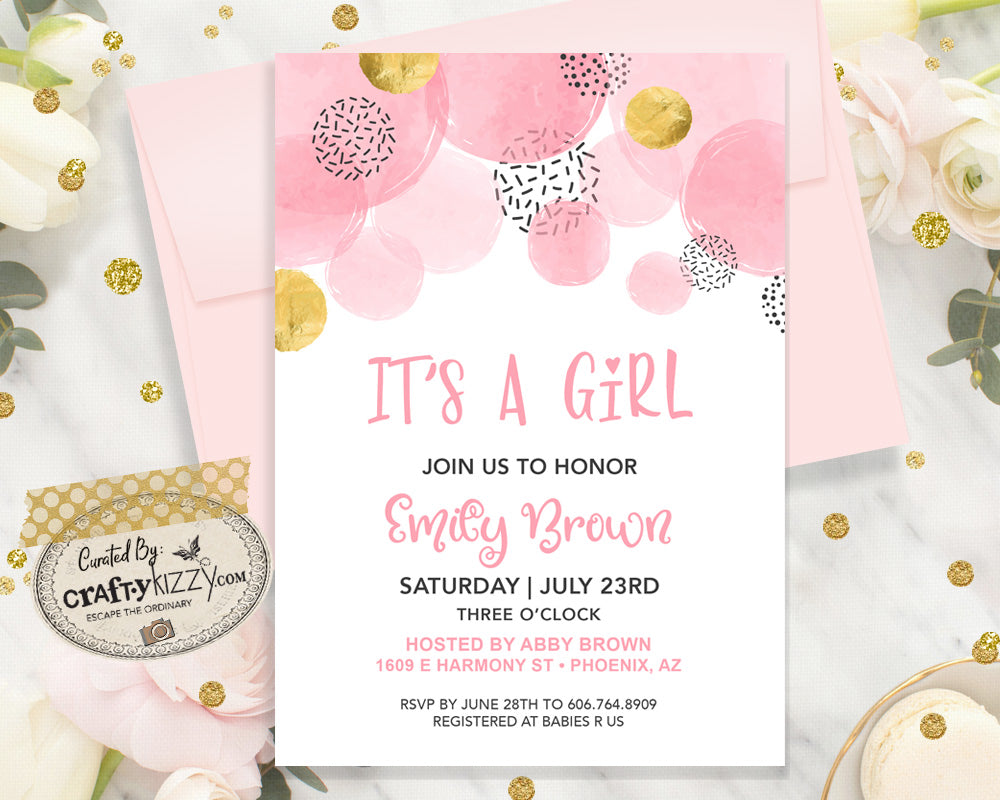 Modern Baby Shower Invitation - It's A Girl - Printable Girl Baby Shower  Invitation - Pink and Gold Baby Shower Announcement