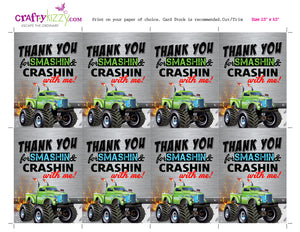 Green Monster Truck Thank You Tags Monster Truck Birthday Party Favors - INSTANT DOWNLOAD - CraftyKizzy