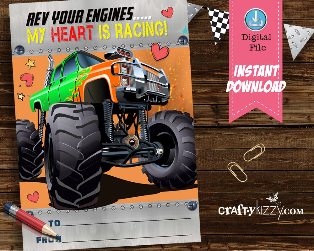 Rev Your Engine Boy Valentines Day Cards Boys Monster Truck Valentine Card - DIY Valentine's INSTANT DOWNLOAD - CraftyKizzy