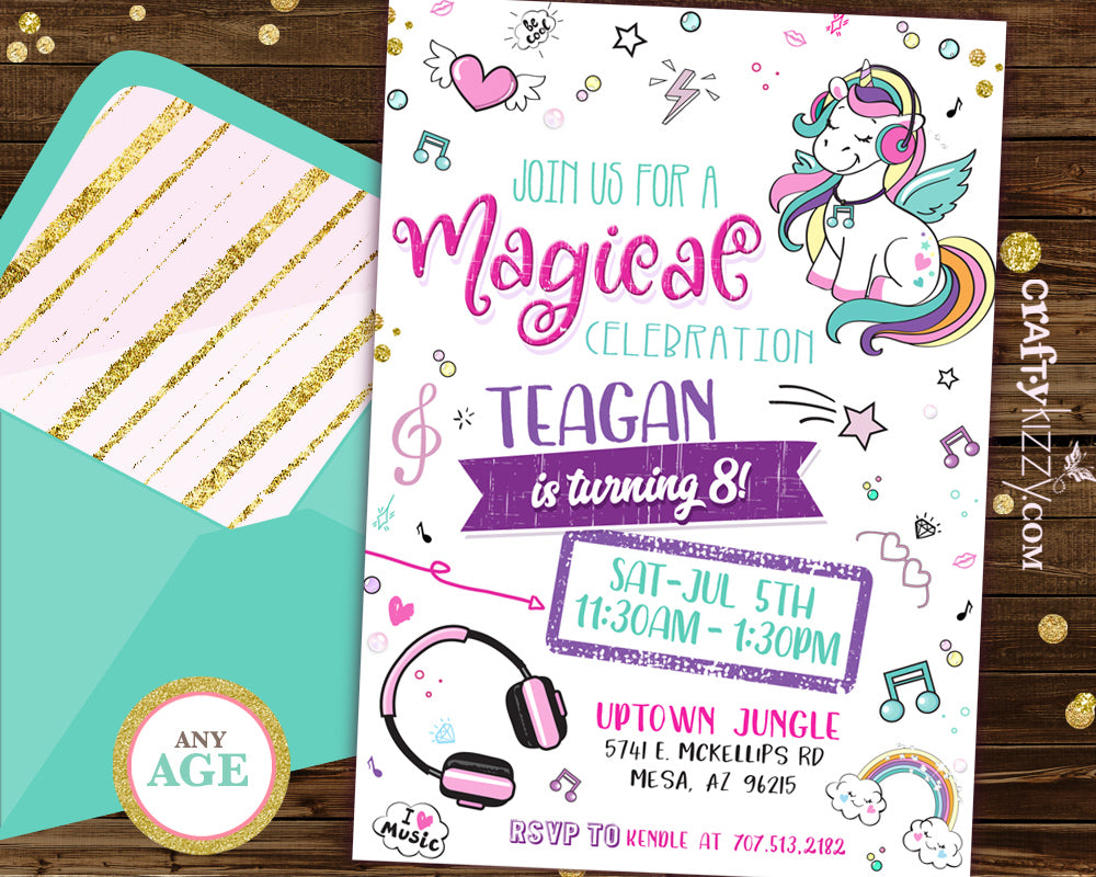 Tween Unicorn Music Birthday Invitations - Girl Headphone Invitation - Rainbows and Unicorns Invitation - CraftyKizzy