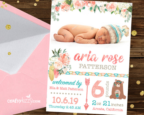 Woodland Girl Birth Announcement Card - Pink Newborn Announcement Card - Photo Card - Birth Stats - CraftyKizzy