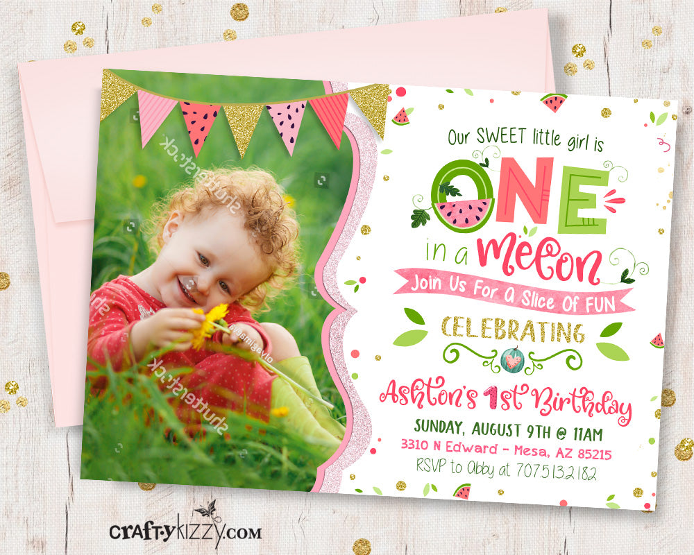 Watermelon First Birthday Invitation - Girls One in a Melon Pink - Printable Summer Party Invitations