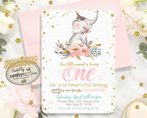 Our Little Peanut First Birthday Invitation - Girl Elephant Invitations - Floral Elephant Invitations - Boho Feathers