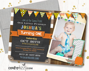 Our Little Pumpkin Boy Second Birthday Invitation - Orange Yellow Blue Rustic Fall Party - 2nd Birthday Invitation