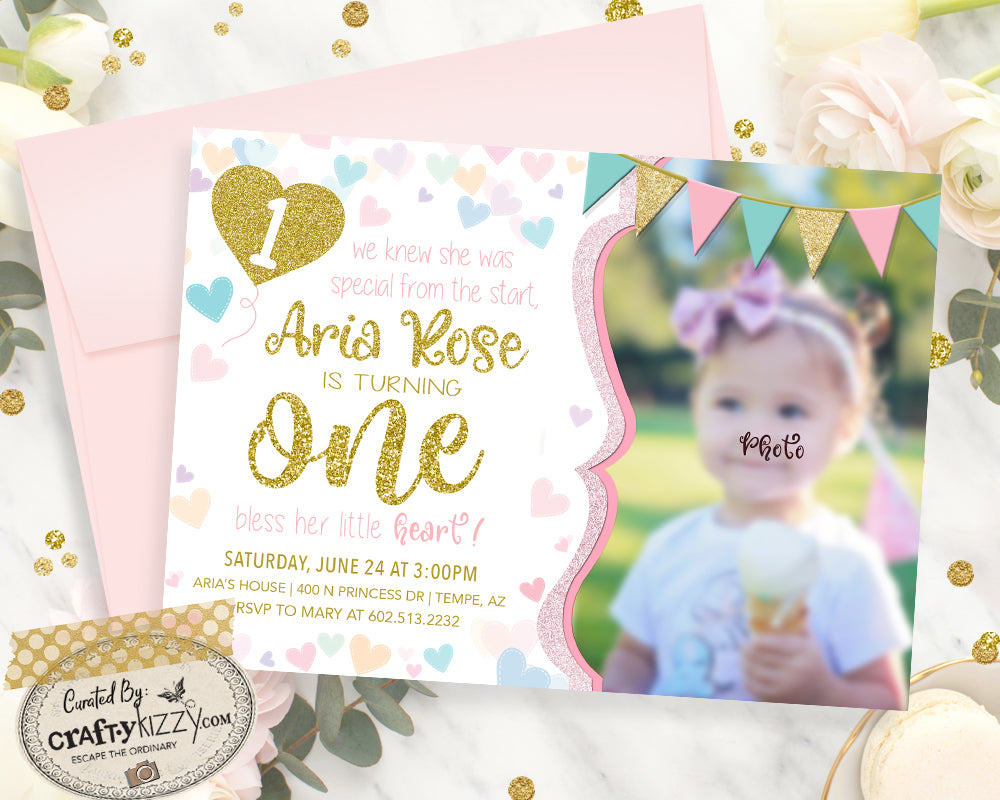 Heart First Birthday Invitations - Sweetheart Printable Valentines Day Invitation - Colorful Heart 2nd Birthday Invitation - Bless her little heart - CraftyKizzy