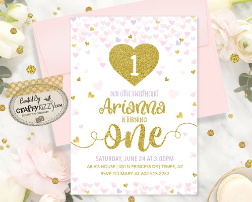 Heart First Birthday Invitation - Girl Valentines Birthday Invitations - Our Little Sweetheart Invitation - Confetti Heart Invitation - CraftyKizzy