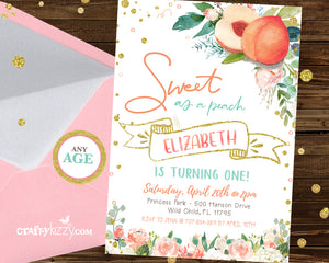 Sweet As A Peach First Birthday Invitation - Girl Georgia Peach Invitations - Printable Summer  Girls Invitations - CraftyKizzy