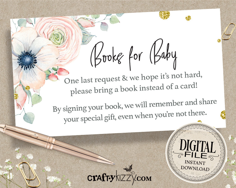 Floral Books For Baby - Girl Baby Shower Book Request Insert - Floral Watercolor Insert Card - INSTANT DOWNLOAD - CraftyKizzy