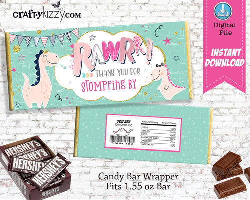 Pink Dinosaur Candy Bar Wrapper - Princess Dino Birthday Party Favors - INSTANT DOWNLOAD - CraftyKizzy