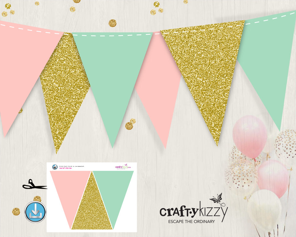 Pink Gold and Mint Triangle Pennant Banner - Birthday - Baby Shower Bunting Flag Banner - INSTANT DOWNLOAD - CraftyKizzy