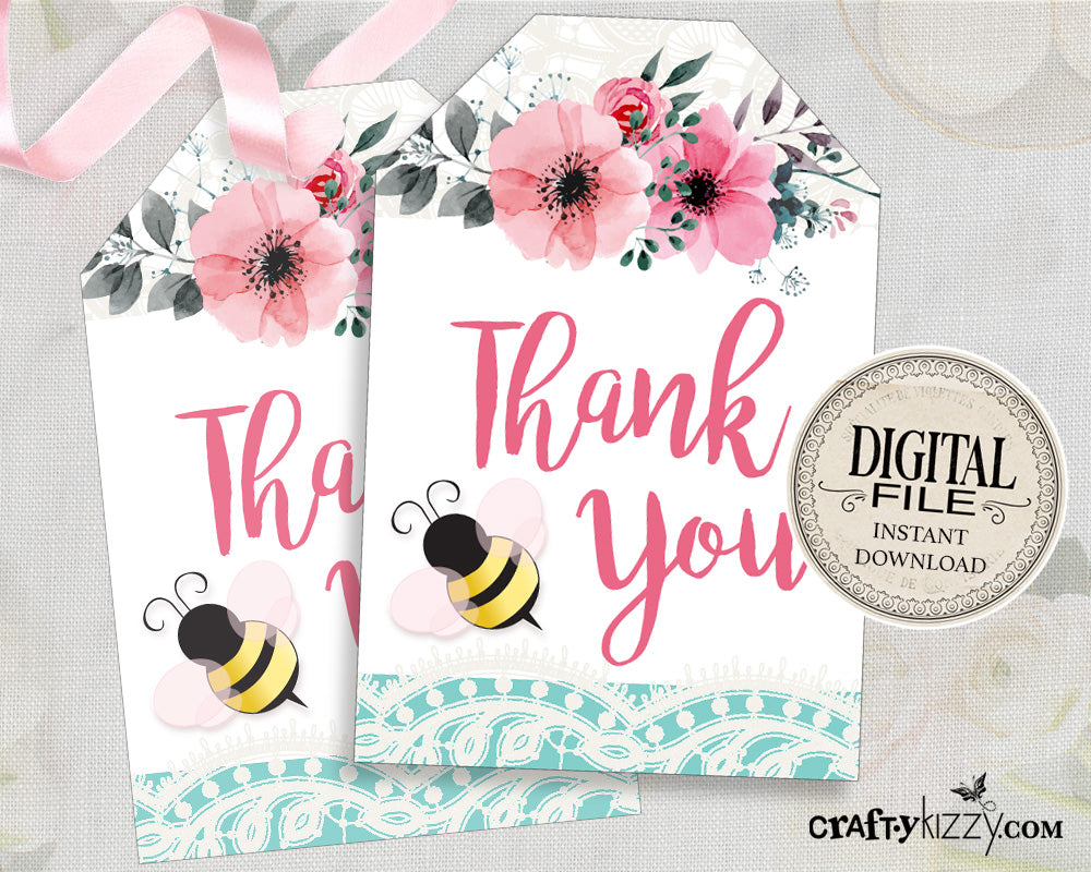 Bee Thank You Favor Tags - Pink Bee Thank You Tags - Baby Shower Birthday Thank You Tags - INSTANT DOWNLOAD