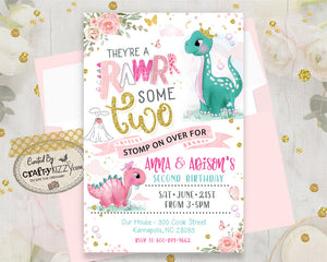 Roarsome two twins birthday invitation