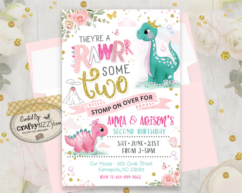 Roarsome two twins birthday invitation