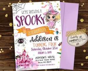 Pink Witch Halloween Birthday Invitation - Princess Halloween Invitation for kids - We're Brewing A Spooky Celebration Invitation